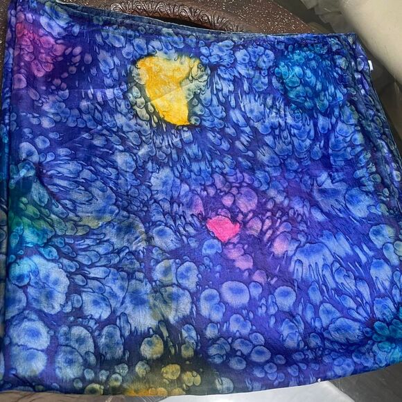 Abstract Watercolor 100% Silk Scarf Blue Yellow Pink Rolled Hem - Picture 2 of 3